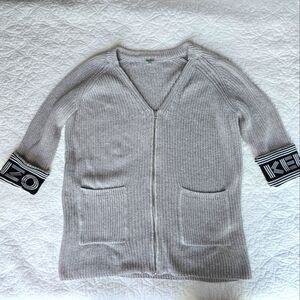 KENZO Knit Zippered V-neck Cardigan Logo Printed Cuff Cotton Wool Blend - Gray